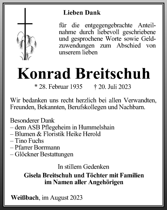 Traueranzeige von Konrad Breitschuh von Ostthüringer Zeitung