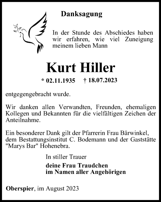 Traueranzeige von Kurt Hiller