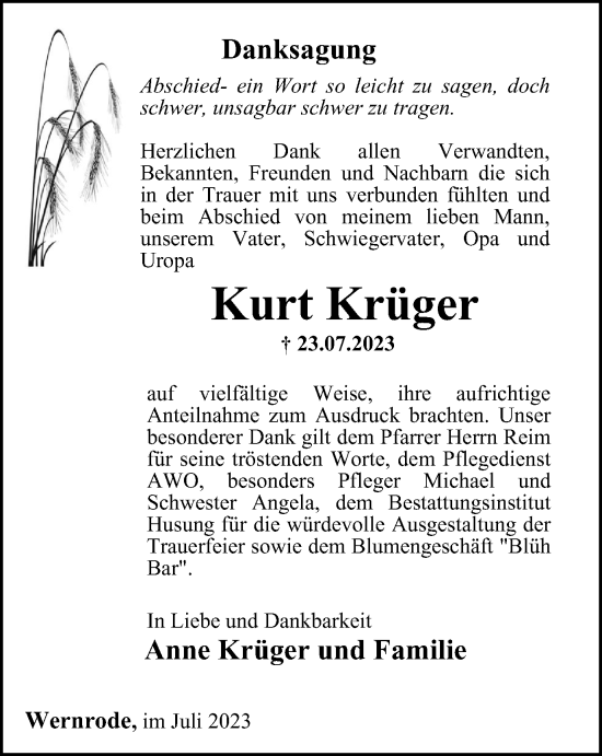 Traueranzeige von Kurt Krüger von Thüringer Allgemeine