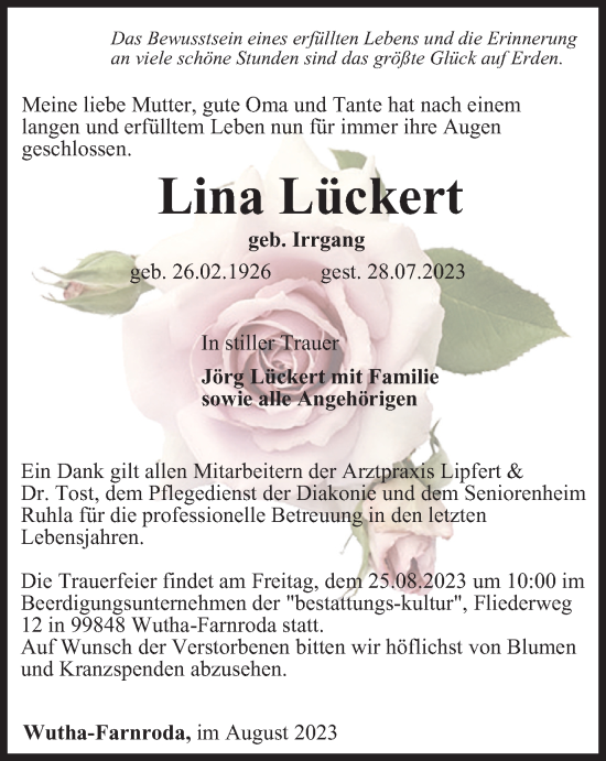 Traueranzeige von Lina Lückert von Thüringer Allgemeine, Thüringische Landeszeitung