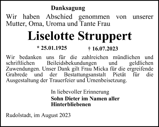 Traueranzeige von Liselotte Struppert von Ostthüringer Zeitung