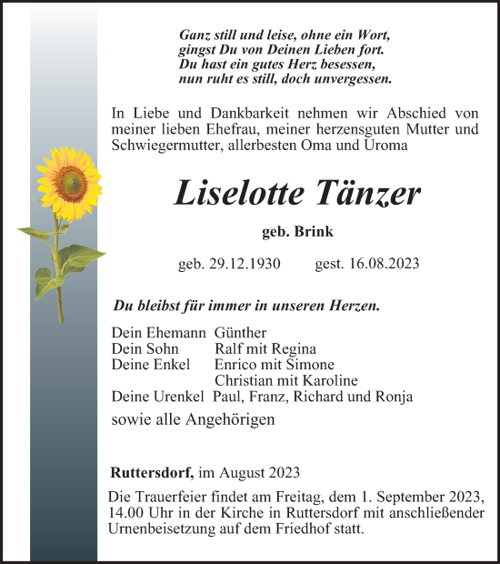 Traueranzeige von Liselotte Tänzer von Ostthüringer Zeitung