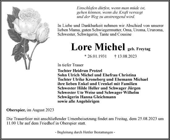 Traueranzeige von Lore Michel von Thüringer Allgemeine