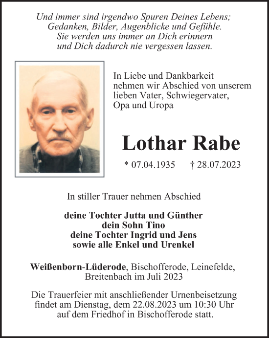 Traueranzeige von Lothar Rabe von Thüringer Allgemeine