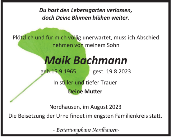 Traueranzeige von Maik Bachmann von Thüringer Allgemeine