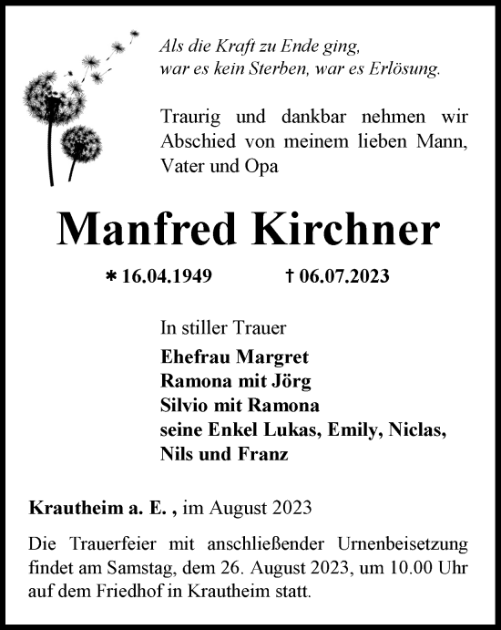 Traueranzeige von Manfred Kirchner von Thüringer Allgemeine, Thüringische Landeszeitung