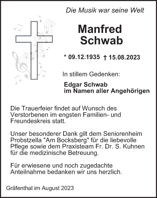 Traueranzeige von Manfred Schwab von Ostthüringer Zeitung