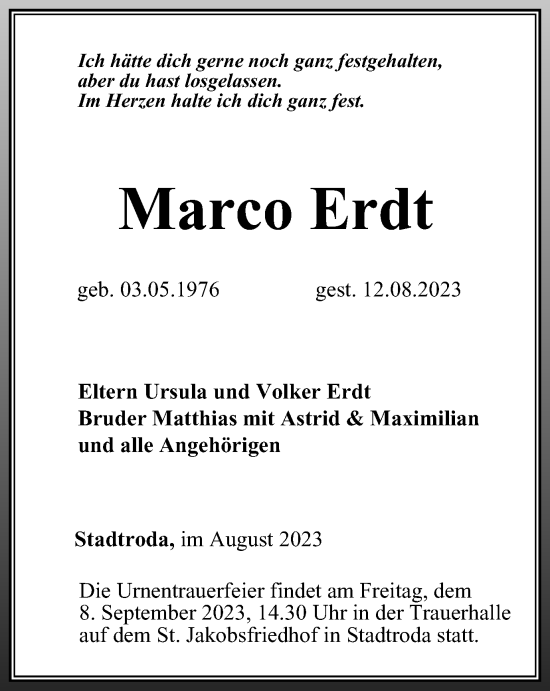 Traueranzeige von Marco Erdt von Ostthüringer Zeitung