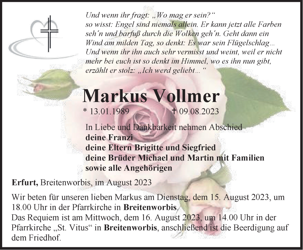  Traueranzeige für Markus Vollmer vom 12.08.2023 aus Thüringer Allgemeine