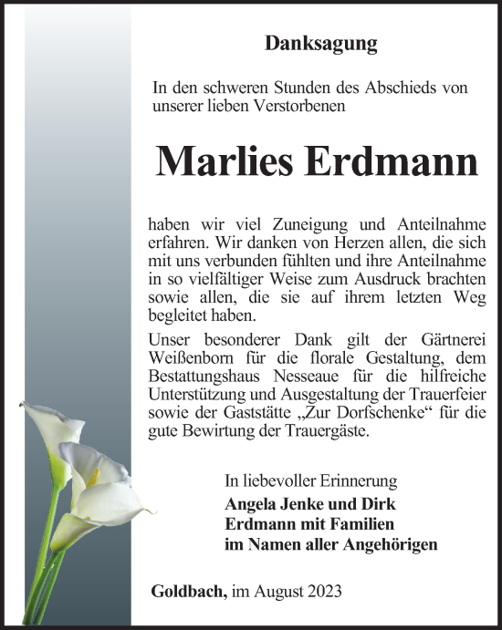 Traueranzeige von Marlies Erdmann von Thüringer Allgemeine, Thüringische Landeszeitung