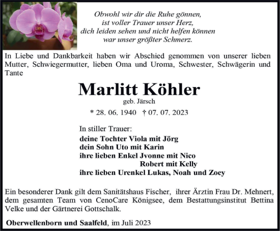 Traueranzeige von Marlitt Köhler von Ostthüringer Zeitung