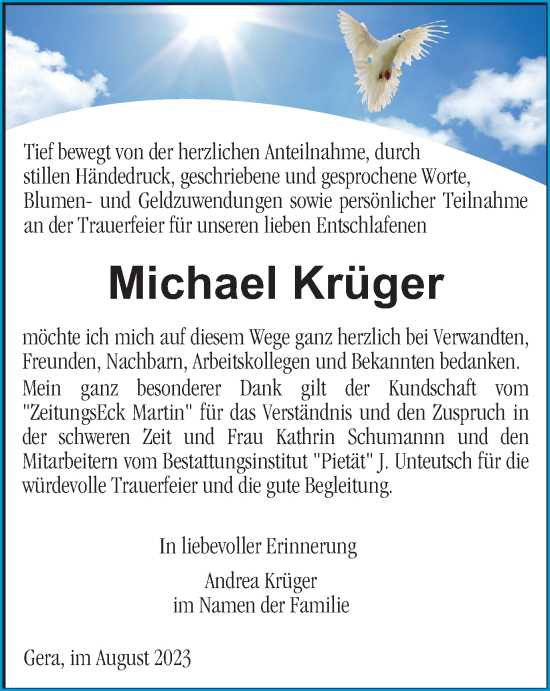 Traueranzeige von Michael Krüger von Ostthüringer Zeitung
