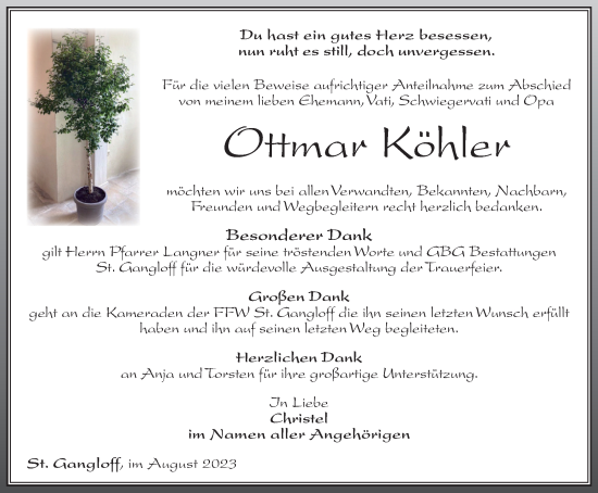 Traueranzeige von Ottmar Köhler von Ostthüringer Zeitung