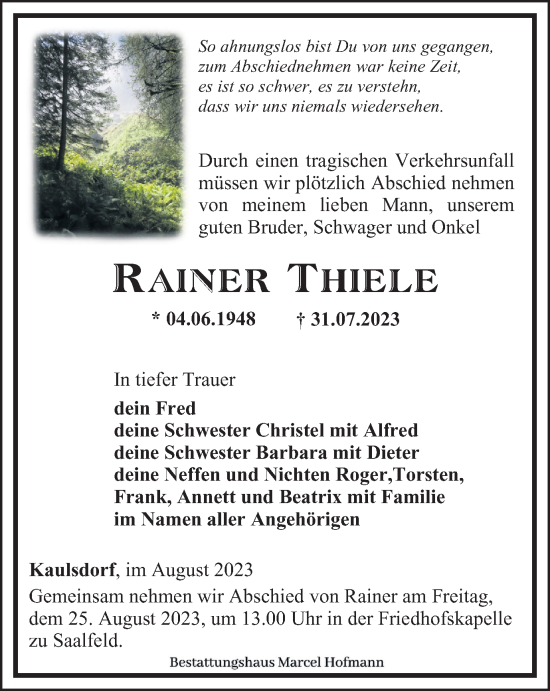 Traueranzeige von Rainer Thiele von Ostthüringer Zeitung