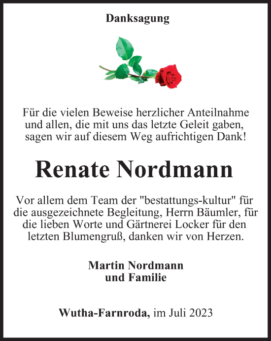 Traueranzeige von Renate Nordmann von Thüringer Allgemeine, Thüringische Landeszeitung