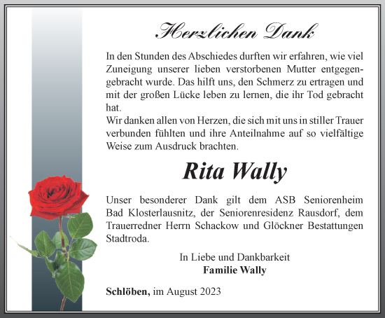 Traueranzeige von Rita Wally von Ostthüringer Zeitung