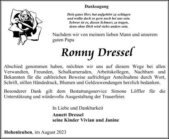 Traueranzeige von Ronny Dressel von Ostthüringer Zeitung