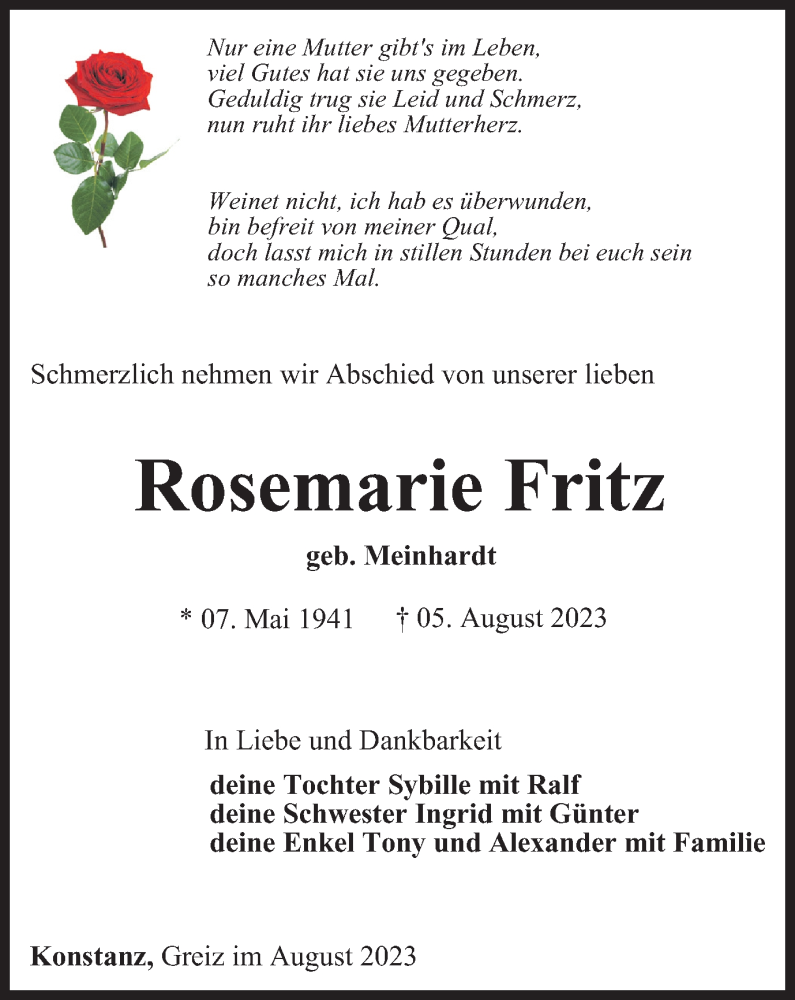  Traueranzeige für Rosemarie Fritz vom 12.08.2023 aus Ostthüringer Zeitung