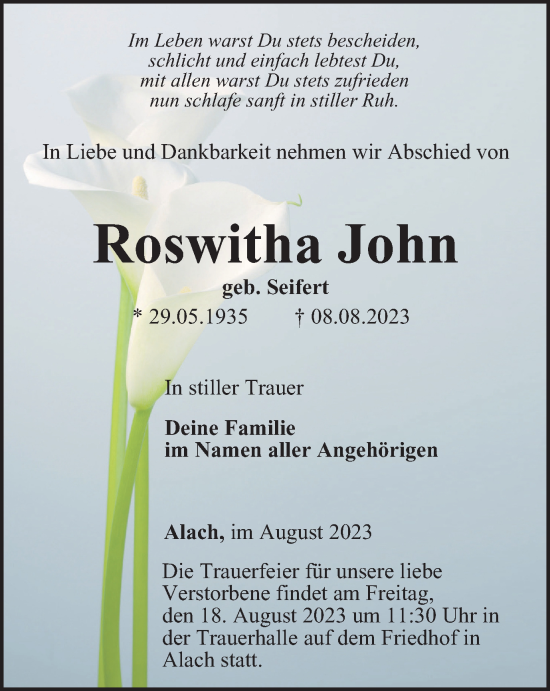 Traueranzeige von Roswitha John von Thüringer Allgemeine, Thüringische Landeszeitung