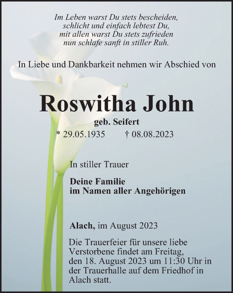  Traueranzeige für Roswitha John vom 12.08.2023 aus Thüringer Allgemeine, Thüringische Landeszeitung