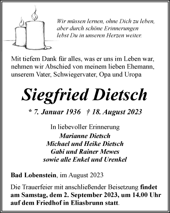 Traueranzeige von Siegfried Dietsch von Ostthüringer Zeitung