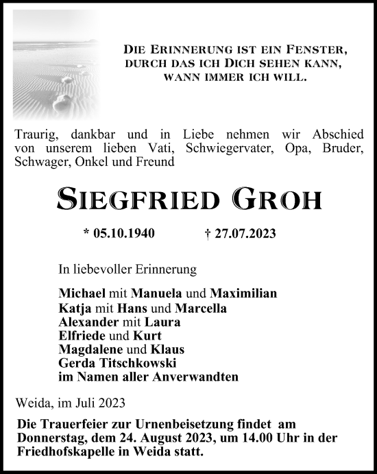 Traueranzeige von Siegfried Groh