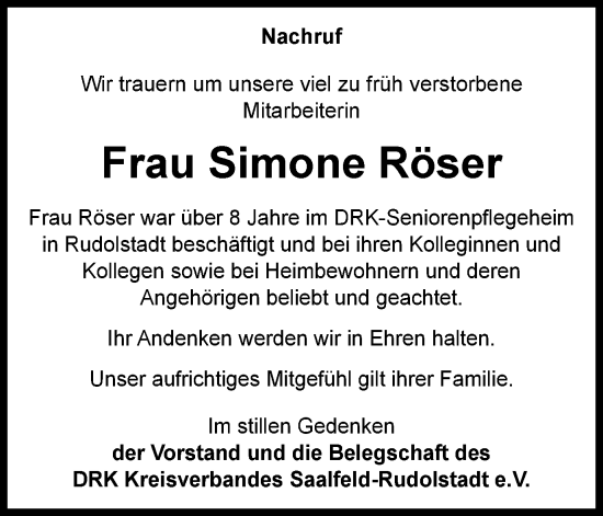 Traueranzeige von Simone Röser