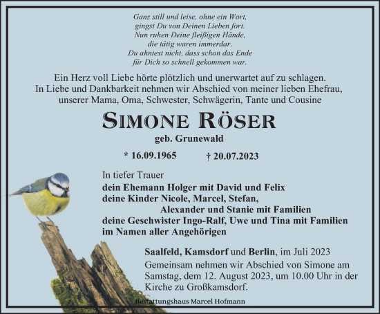 Traueranzeige von Simone Röser