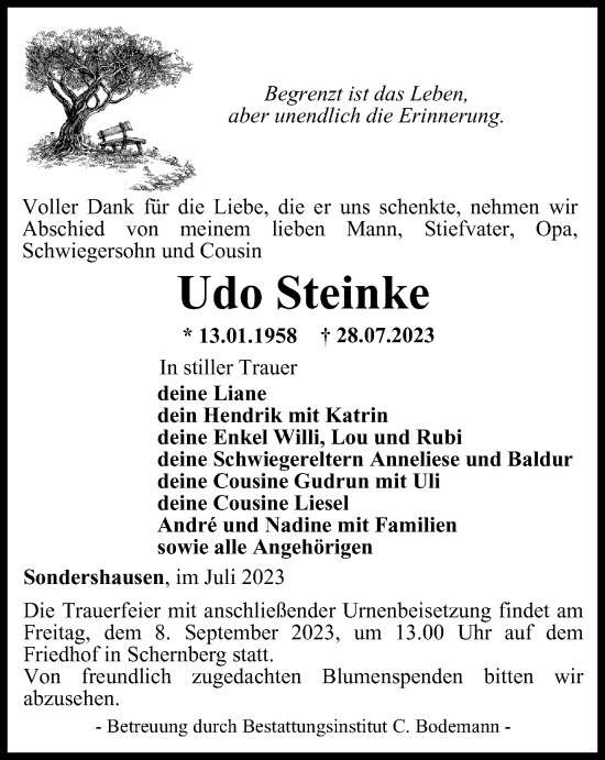 Traueranzeige von Udo Steinke