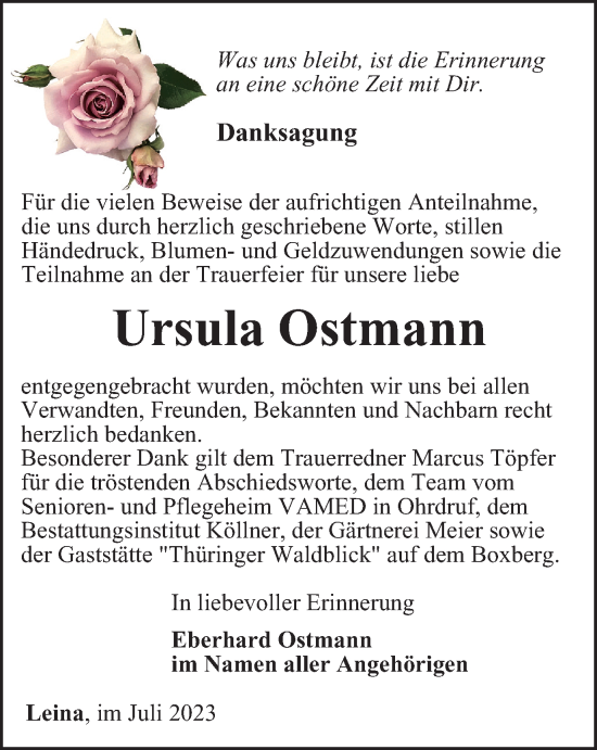 Traueranzeige von Ursula Ostmann von Thüringer Allgemeine, Thüringische Landeszeitung