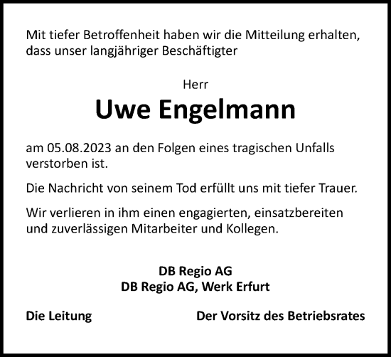 Traueranzeige von Uwe Engelmann von Thüringer Allgemeine, Thüringische Landeszeitung