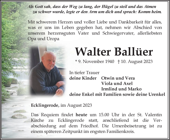 Traueranzeige von Walter Ballüer von Thüringer Allgemeine