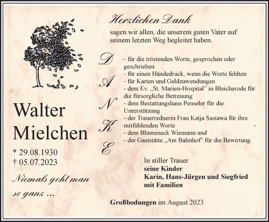 Traueranzeige von Walter Mielchen von Thüringer Allgemeine