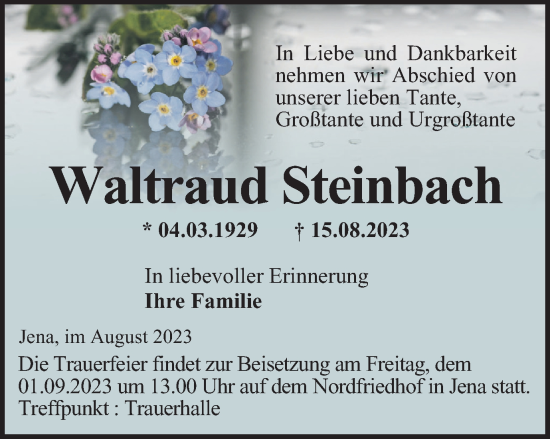 Traueranzeige von Waltraud Steinbach von Ostthüringer Zeitung, Thüringische Landeszeitung