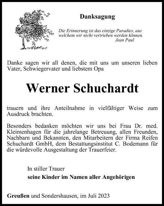 Traueranzeige von Werner Schuchardt