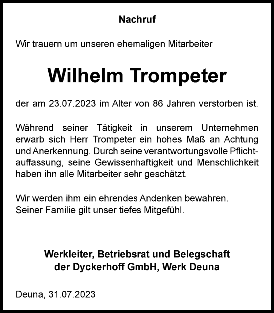 Traueranzeige von Wilhelm Trompeter von Thüringer Allgemeine