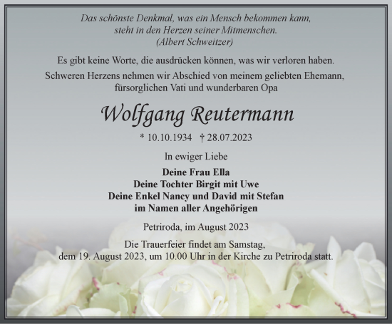 Traueranzeige von Wolfgang Reutermann von Thüringer Allgemeine, Thüringische Landeszeitung