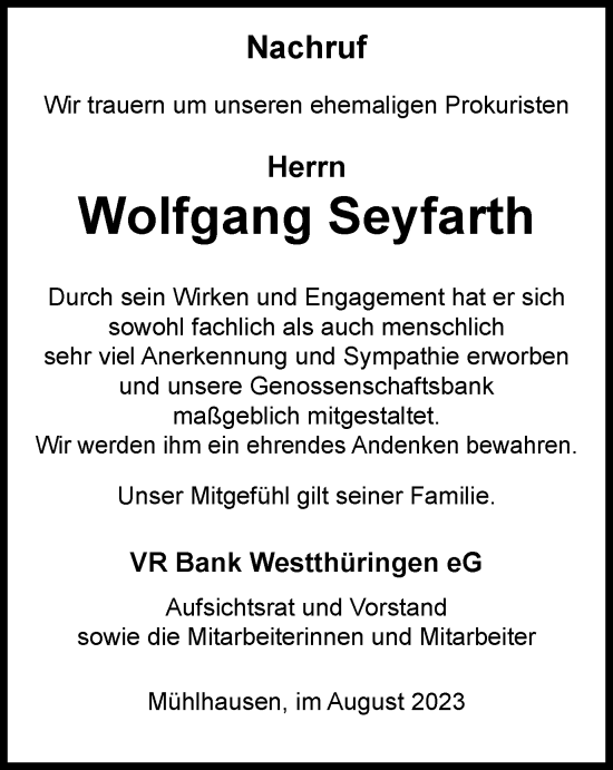 Traueranzeigen Von Wolfgang Seyfarth 