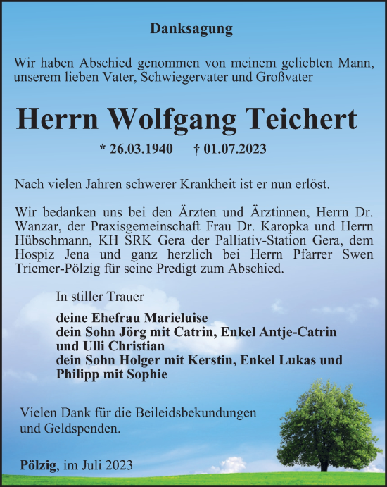 Traueranzeige von Wolfgang Teichert von Ostthüringer Zeitung