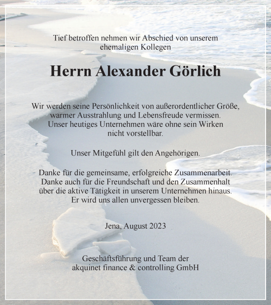 Traueranzeige von Alexander Görlich von Ostthüringer Zeitung