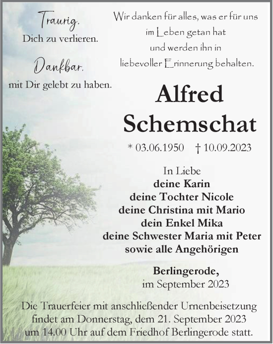 Traueranzeige von Alfred Schemschat von Thüringer Allgemeine