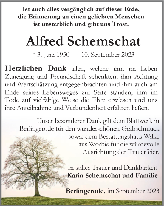 Traueranzeige von Alfred Schemschat von Thüringer Allgemeine