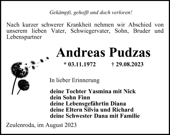 Traueranzeige von Andreas Pudzas von Ostthüringer Zeitung