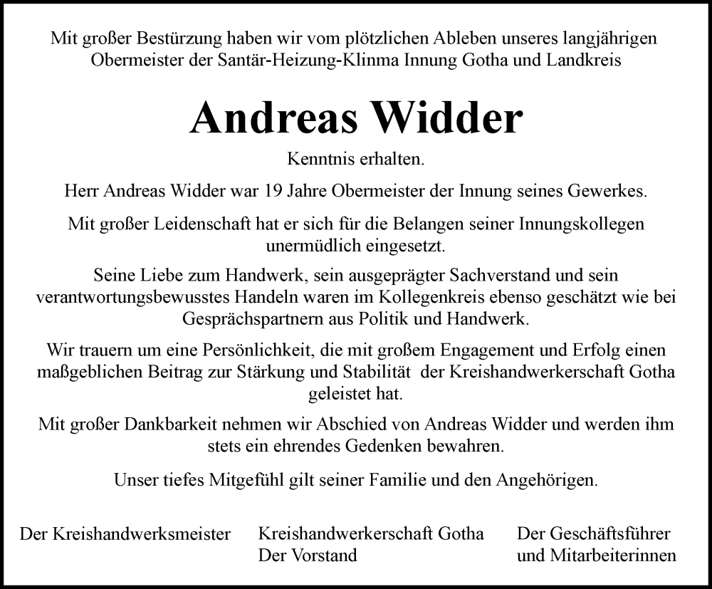  Traueranzeige für Andreas Widder vom 09.09.2023 aus Thüringer Allgemeine, Thüringische Landeszeitung