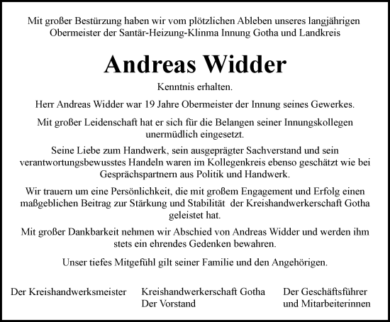 Traueranzeige von Andreas Widder von Thüringer Allgemeine, Thüringische Landeszeitung