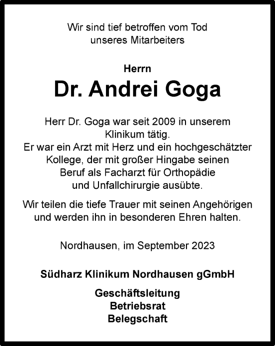 Traueranzeige von Andrei Goga von Thüringer Allgemeine