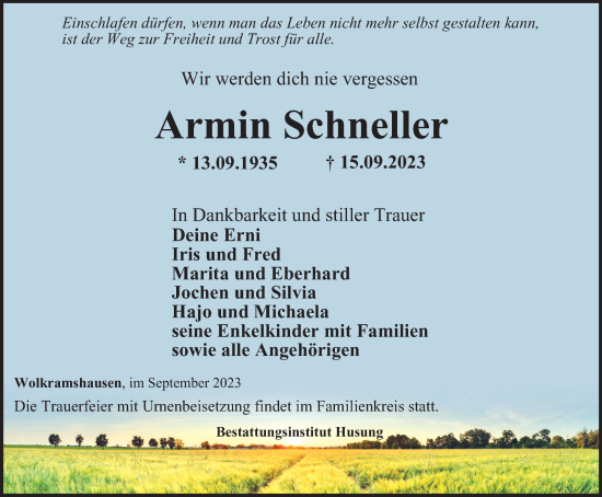 Traueranzeige von Armin Schneller von Thüringer Allgemeine