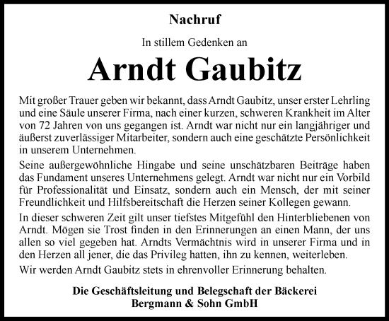 Traueranzeige von Arndt Gaubitz von Thüringer Allgemeine