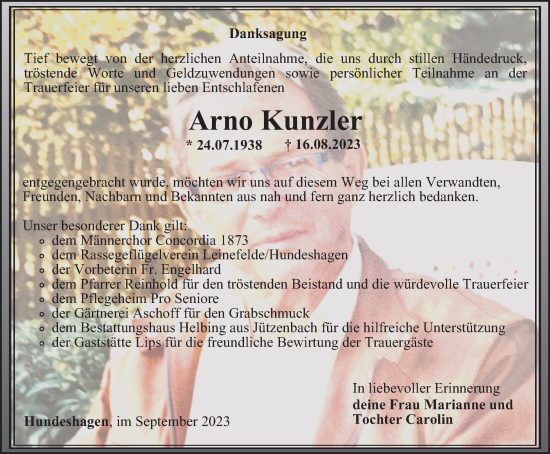 Traueranzeige von Arno Kunzler von Thüringer Allgemeine