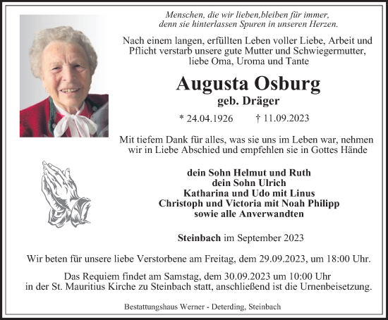 Traueranzeige von Augusta Osburg von Thüringer Allgemeine